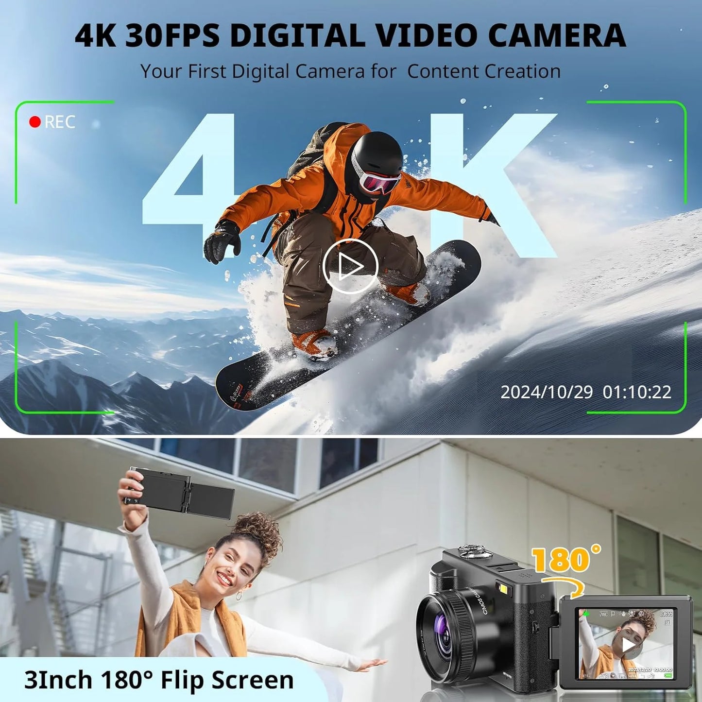 4K Digital Vlogging Camera with 48MP Photography and 16X Digital Zoom, Includes 32GB Memory Card