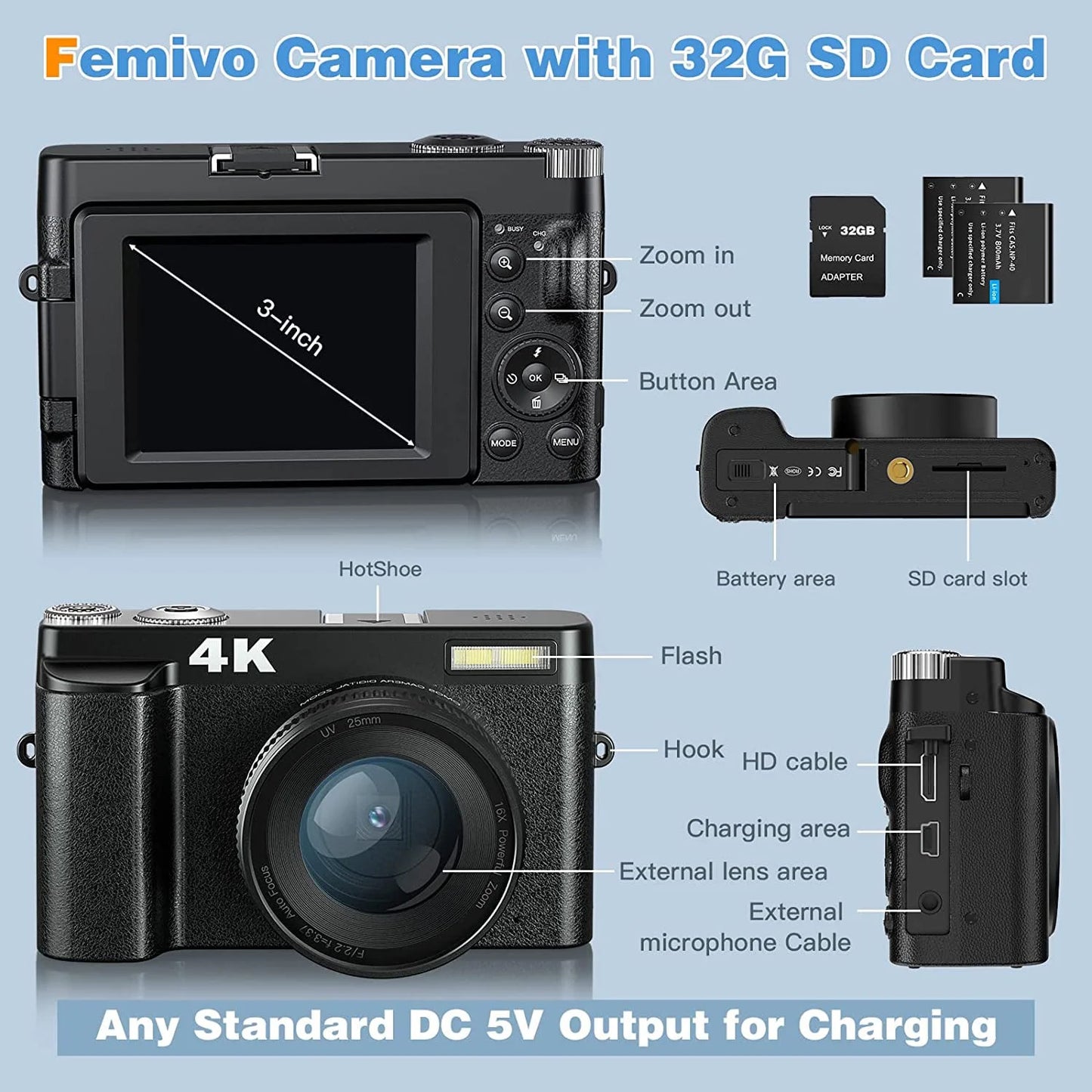 4K Digital Vlogging Camera with 48MP Photography and 16X Digital Zoom, Includes 32GB Memory Card