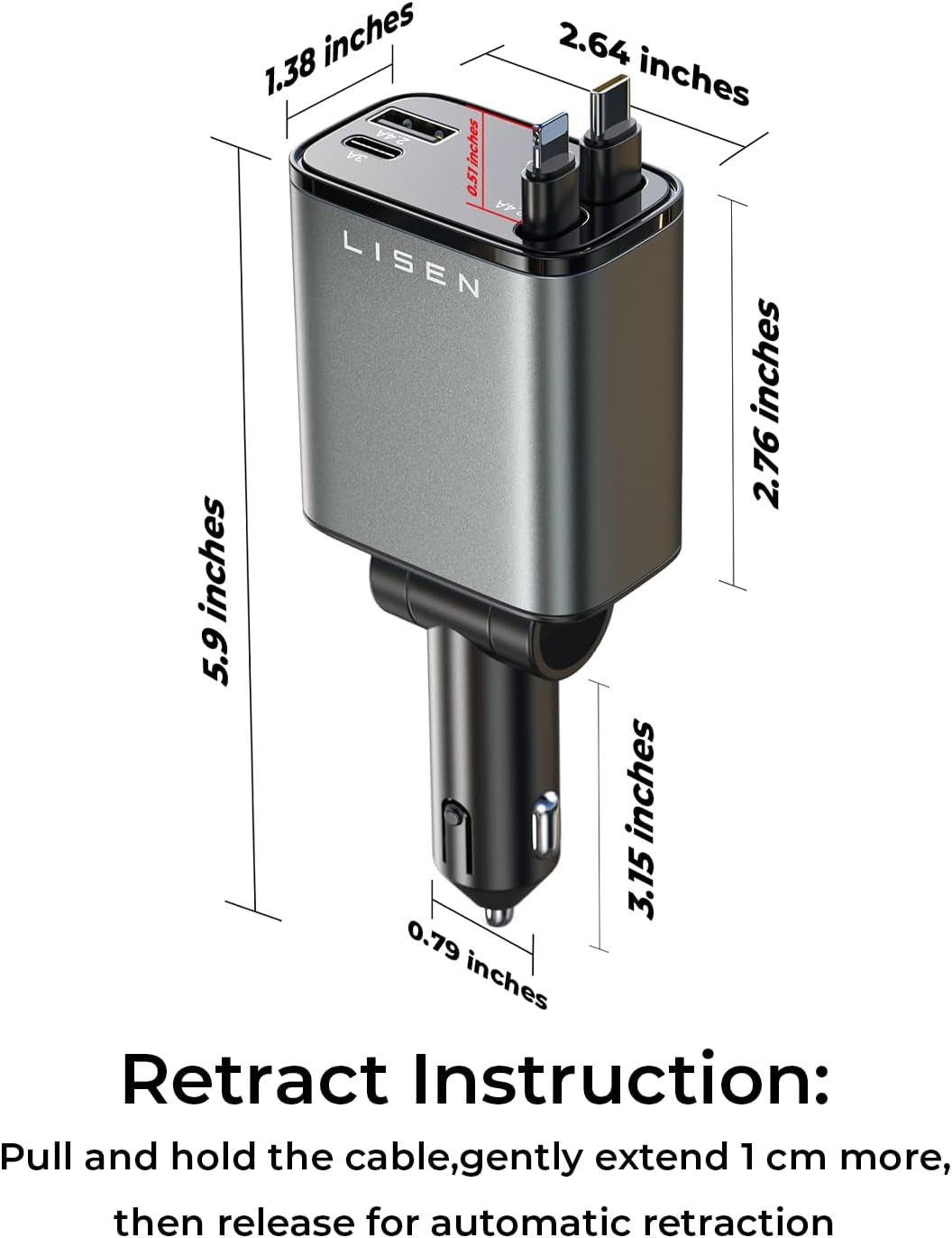 Retractable Car Charger, 69W USB C Car Accessories Adapter for Iphone 16 USB C Charger Fast Charging, Truck Accessories, Travel Essentials Gifts for Women Men, for Iphone 16 15 14 13 12 Pro Max