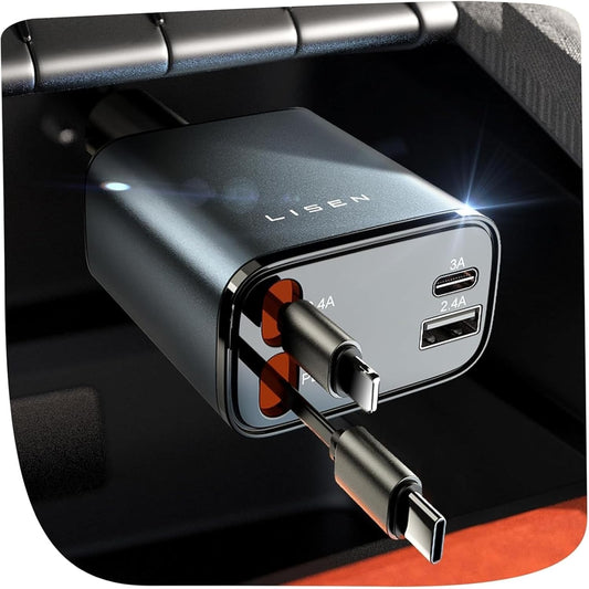 Retractable Car Charger, 69W USB C Car Accessories Adapter for Iphone 16 USB C Charger Fast Charging, Truck Accessories, Travel Essentials Gifts for Women Men, for Iphone 16 15 14 13 12 Pro Max