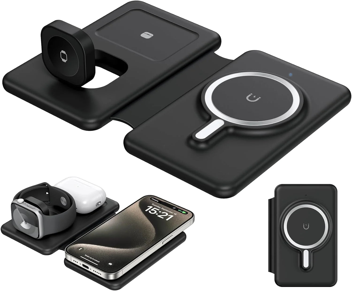 3-in-1 Foldable Wireless Charging Station for iPhone 15/14/13/Pro/Max, Apple Watch Series, and AirPods 3/2/Pro - Black