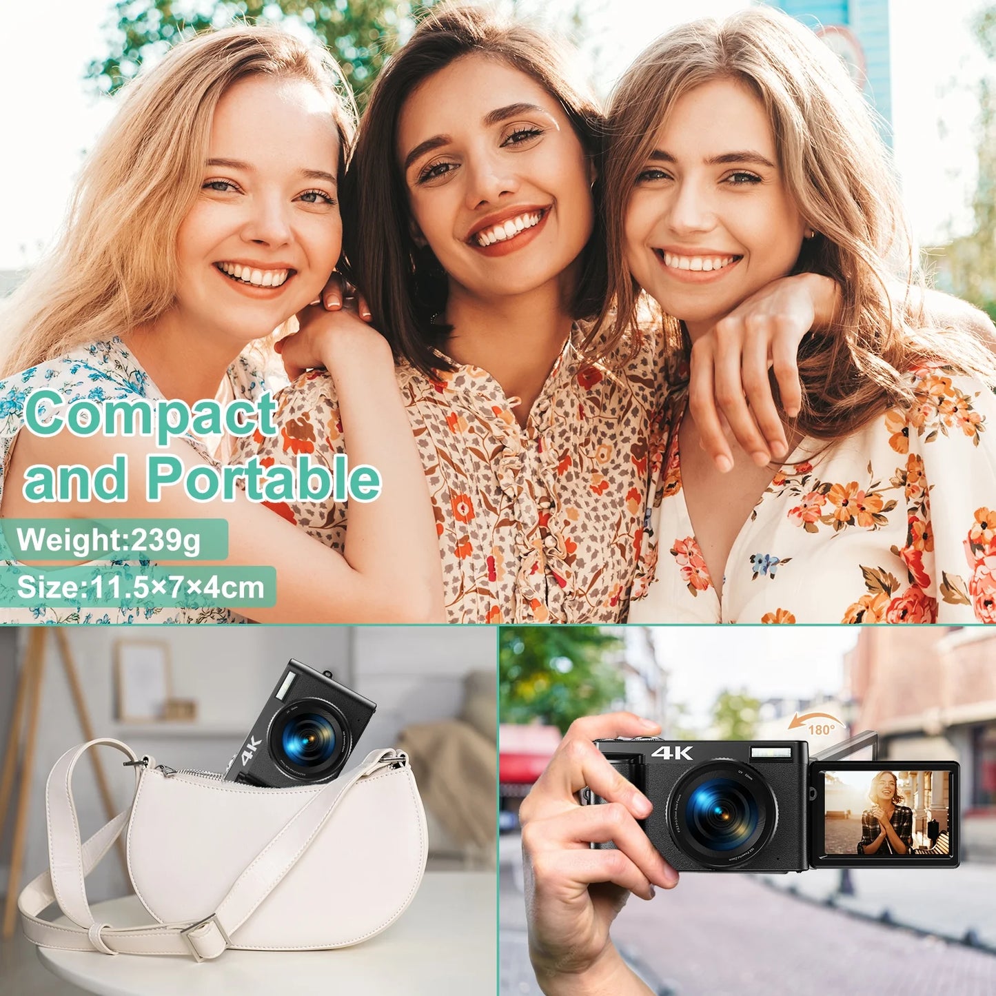 4K Digital Vlogging Camera with 48MP Photography and 16X Digital Zoom, Includes 32GB Memory Card