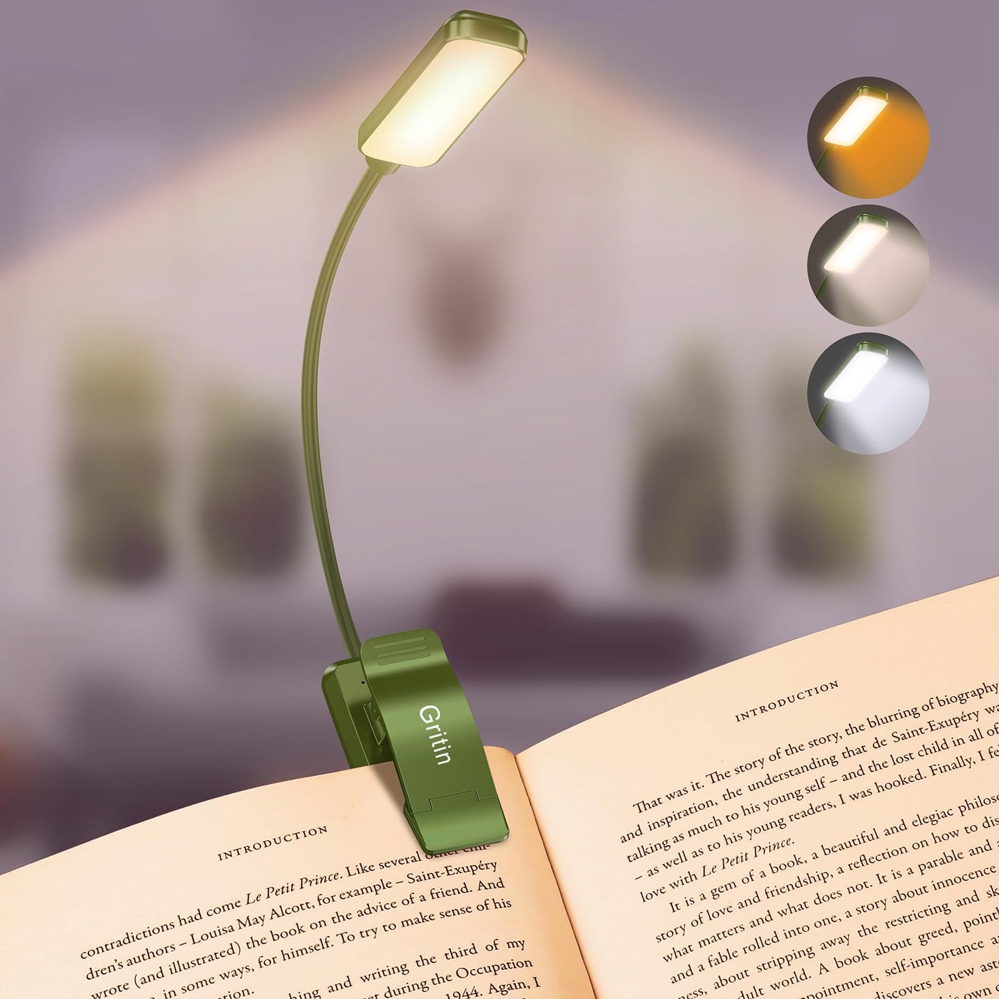 Gritin 9 LED Rechargeable Book Light for Reading in Bed - Eye Caring 3 Color Temperatures,Stepless Dimming Brightness,80 Hrs Runtime Small Lightweight Clip On Book Reading Light for Studying