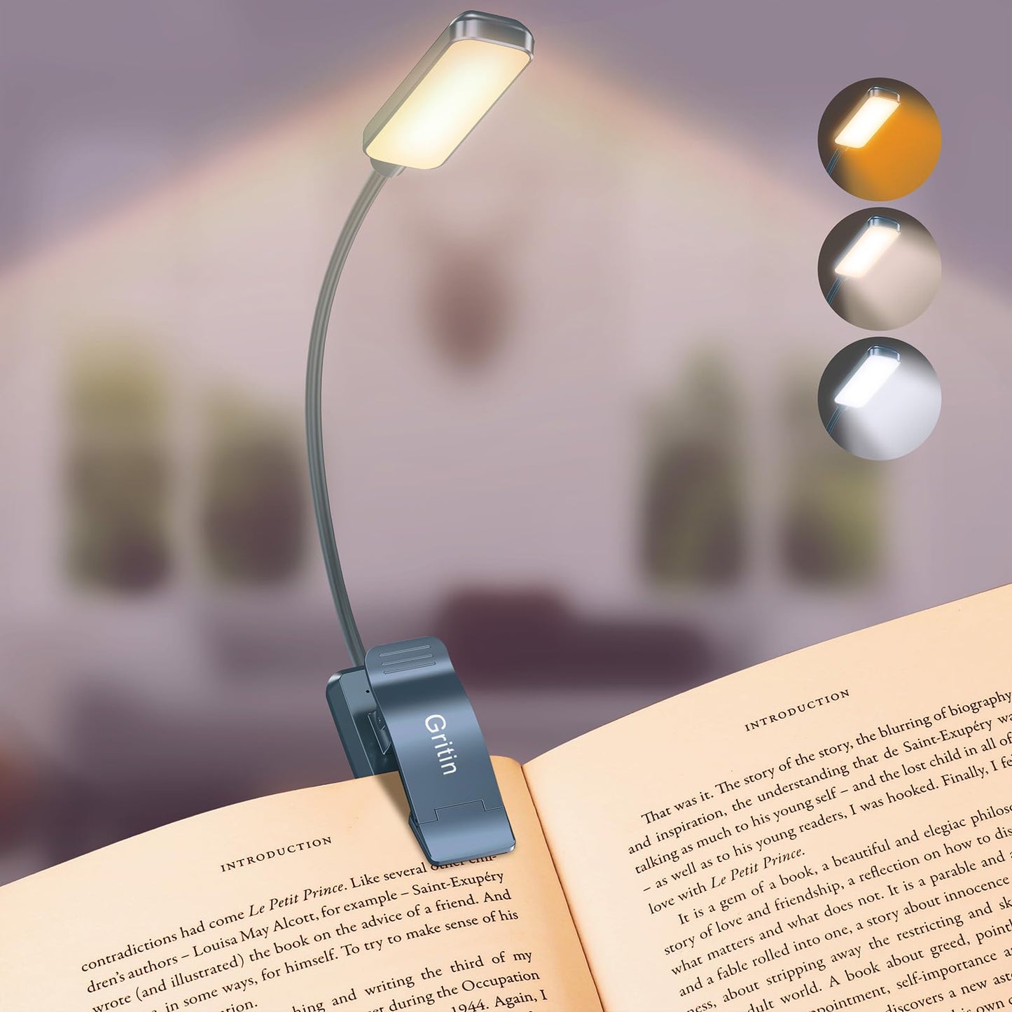 Gritin 9 LED Rechargeable Book Light for Reading in Bed - Eye Caring 3 Color Temperatures,Stepless Dimming Brightness,80 Hrs Runtime Small Lightweight Clip On Book Reading Light for Studying