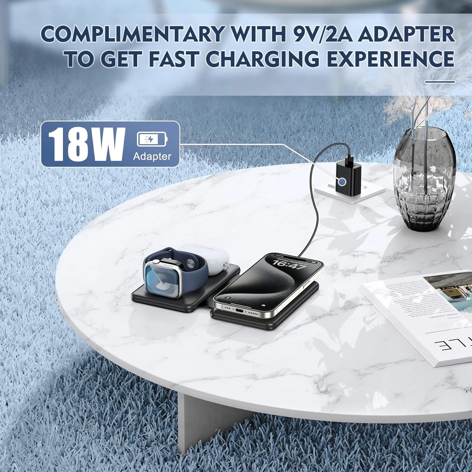 3-in-1 Foldable Wireless Charging Station for iPhone 15/14/13/Pro/Max, Apple Watch Series, and AirPods 3/2/Pro - Black
