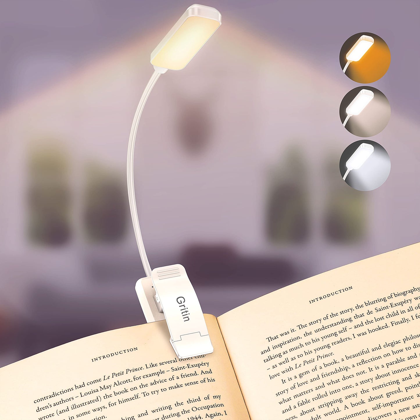 Gritin 9 LED Rechargeable Book Light for Reading in Bed - Eye Caring 3 Color Temperatures,Stepless Dimming Brightness,80 Hrs Runtime Small Lightweight Clip On Book Reading Light for Studying