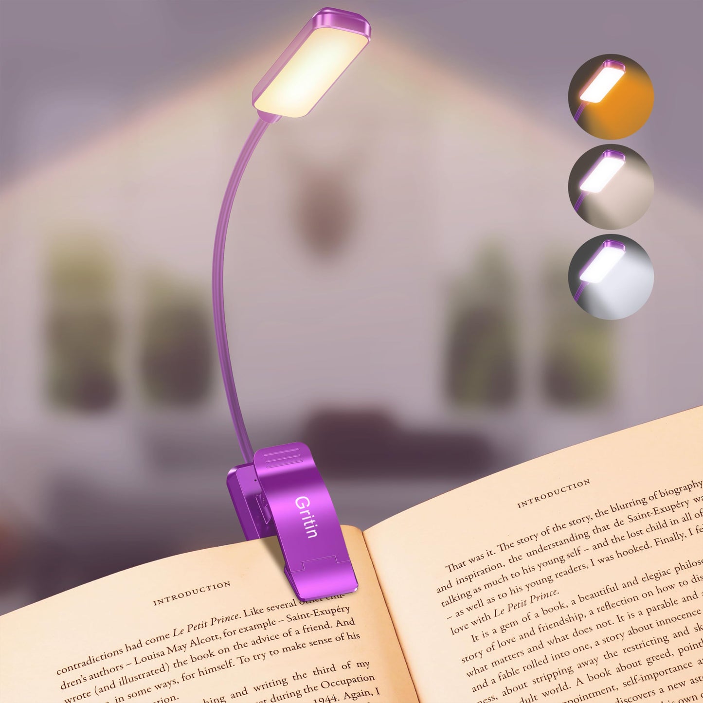 Gritin 9 LED Rechargeable Book Light for Reading in Bed - Eye Caring 3 Color Temperatures,Stepless Dimming Brightness,80 Hrs Runtime Small Lightweight Clip On Book Reading Light for Studying