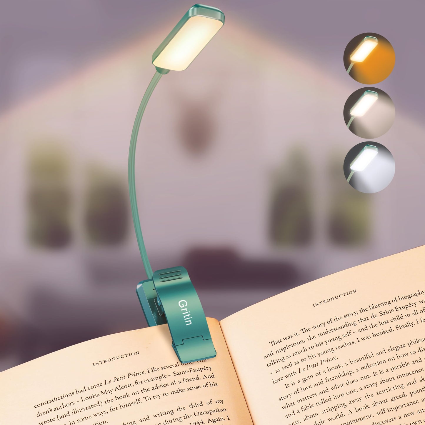 Gritin 9 LED Rechargeable Book Light for Reading in Bed - Eye Caring 3 Color Temperatures,Stepless Dimming Brightness,80 Hrs Runtime Small Lightweight Clip On Book Reading Light for Studying