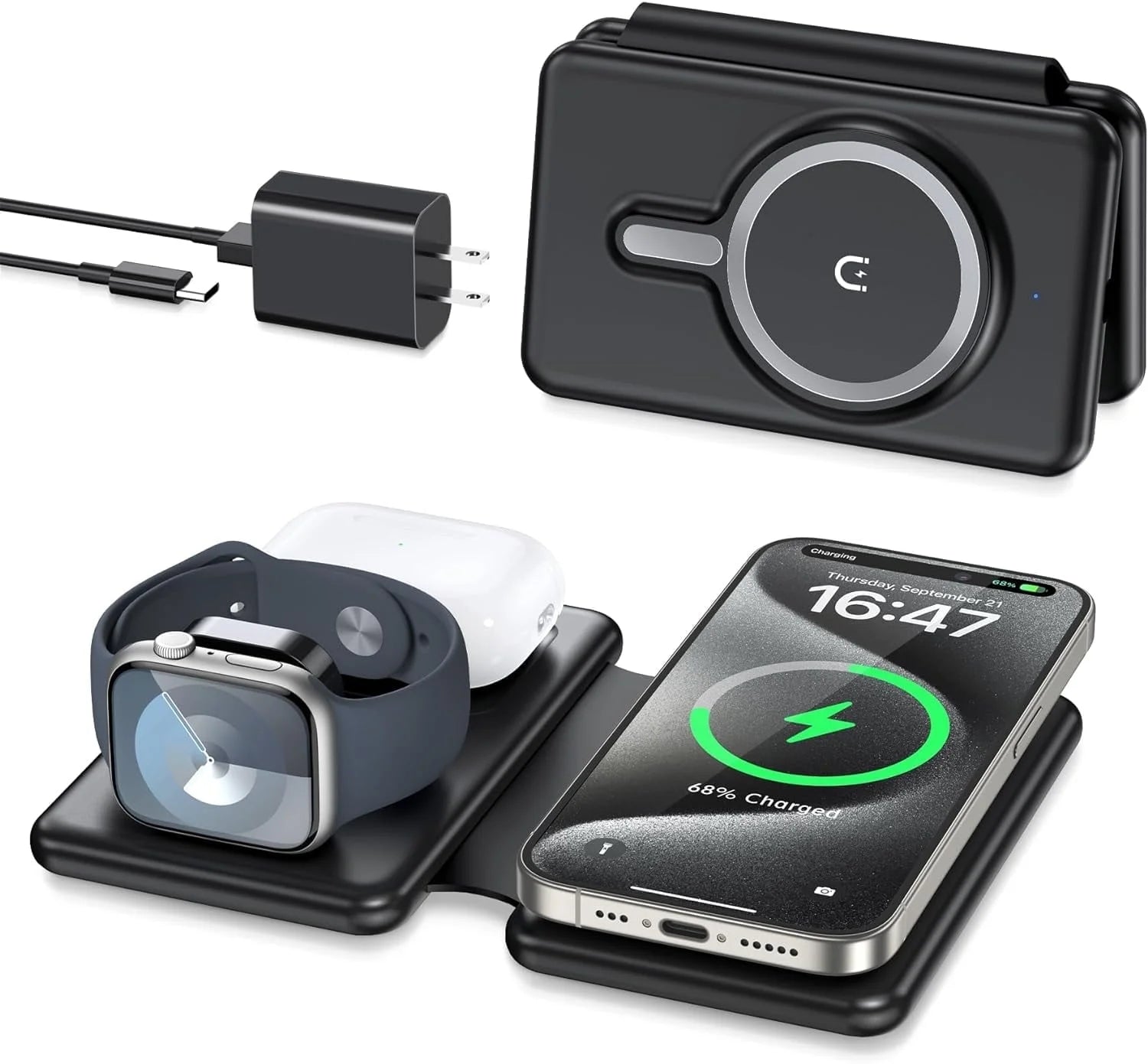 3-in-1 Foldable Wireless Charging Station for iPhone 15/14/13/Pro/Max, Apple Watch Series, and AirPods 3/2/Pro - Black