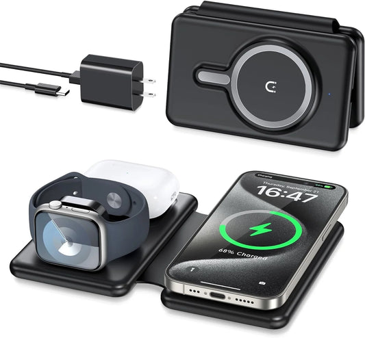 3-in-1 Foldable Wireless Charging Station for iPhone 15/14/13/Pro/Max, Apple Watch Series, and AirPods 3/2/Pro - Black