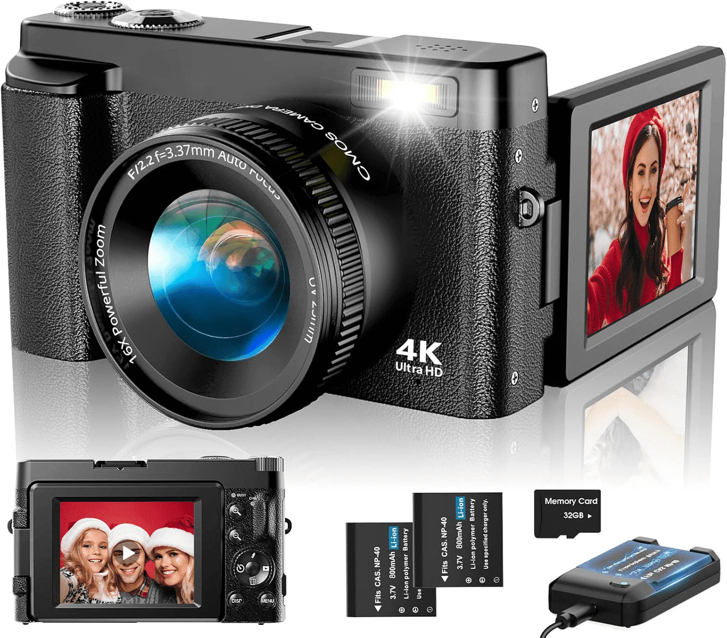 4K Digital Vlogging Camera with 48MP Photography and 16X Digital Zoom, Includes 32GB Memory Card