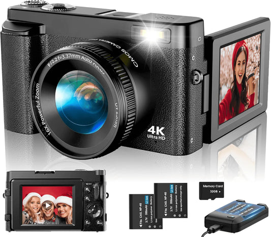 4K Digital Vlogging Camera with 48MP Photography and 16X Digital Zoom, Includes 32GB Memory Card
