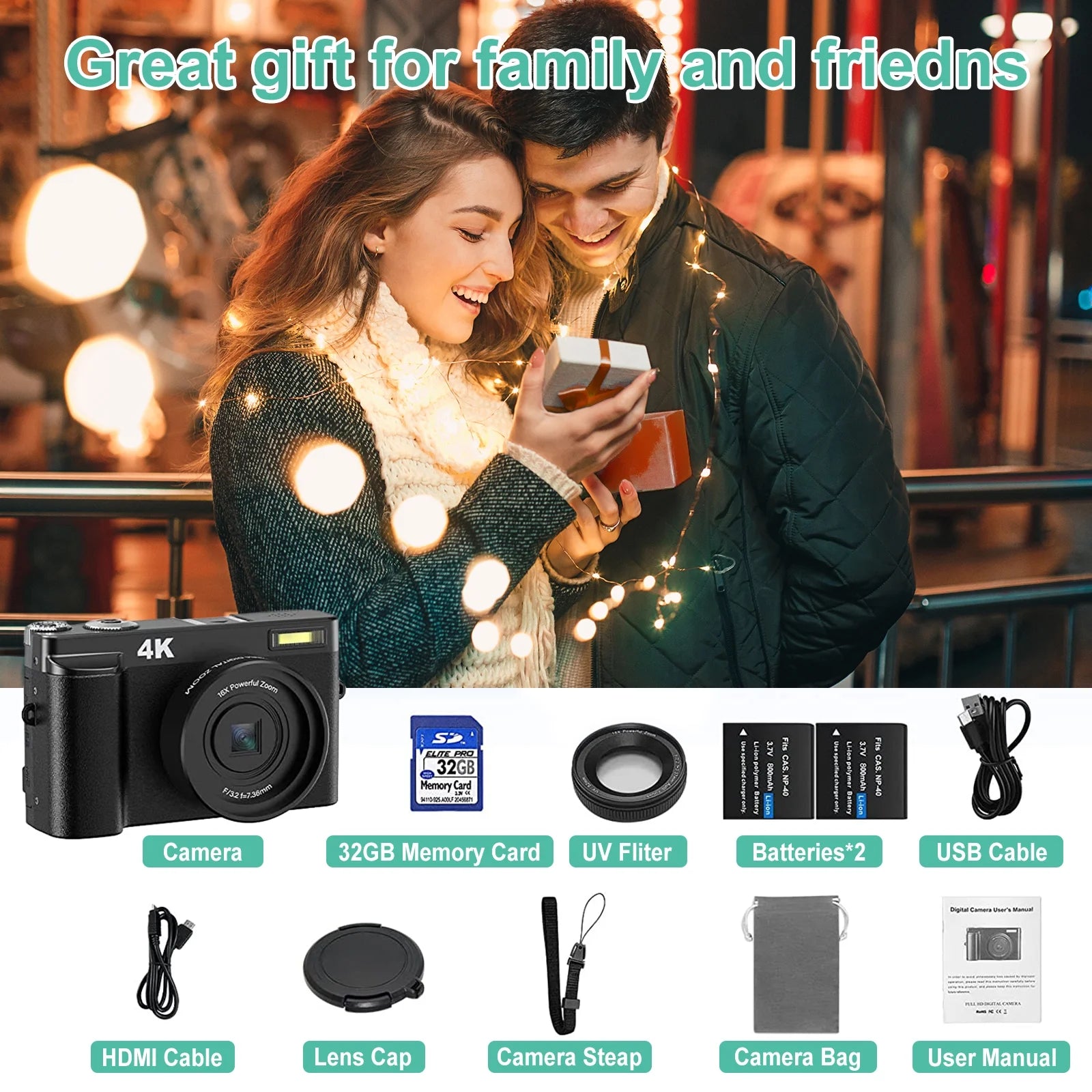 4K Digital Vlogging Camera with 48MP Photography and 16X Digital Zoom, Includes 32GB Memory Card