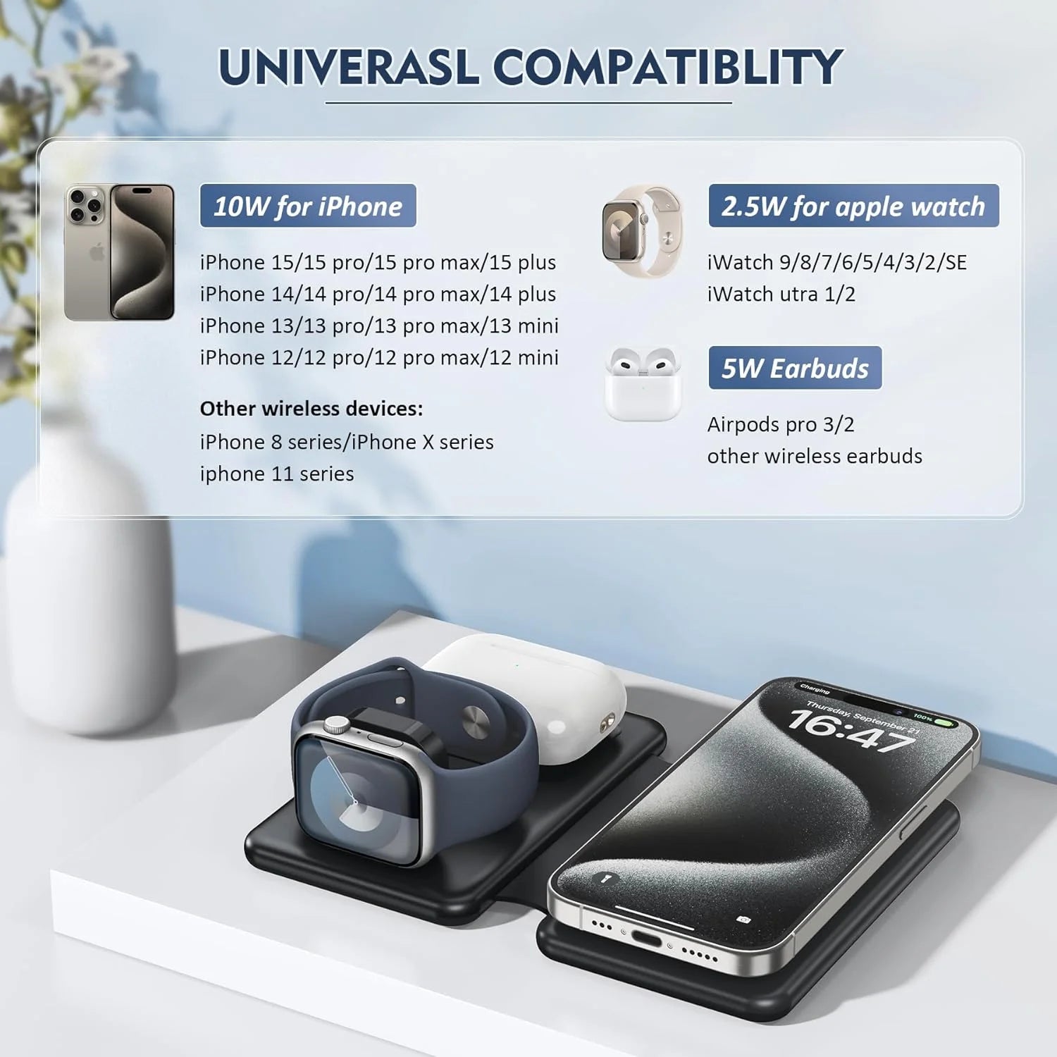 3-in-1 Foldable Wireless Charging Station for iPhone 15/14/13/Pro/Max, Apple Watch Series, and AirPods 3/2/Pro - Black
